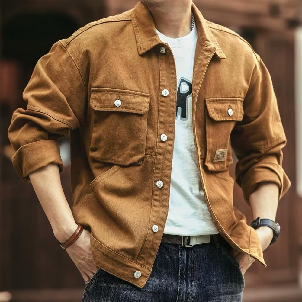 Hunting Outdoor Brand - جاكيت دنيم رجالي بتصميم أمريكي عتيق،